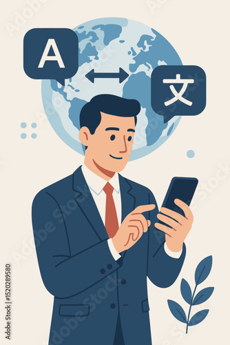 Global communication application. Businessman using a smartphone for instant language translation, bridging cultural gaps and connecting people worldwide. Multilingual digital conversation.