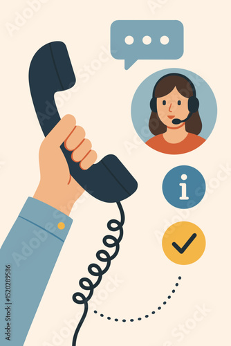 Customer Service Hotline Connection: Vintage Style Hand Holding Telephone Receiver, Call Center Operator Avatar with Headset, Info, Chat Bubble, Checkmark Icons for Support and Assistance