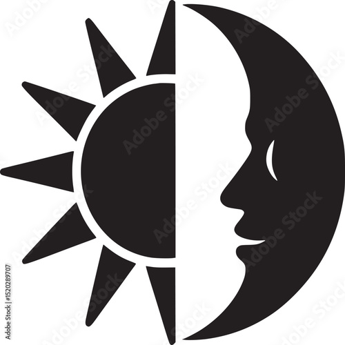 Illustration of a sun with rays and a moon with a face in black and white graphic style design