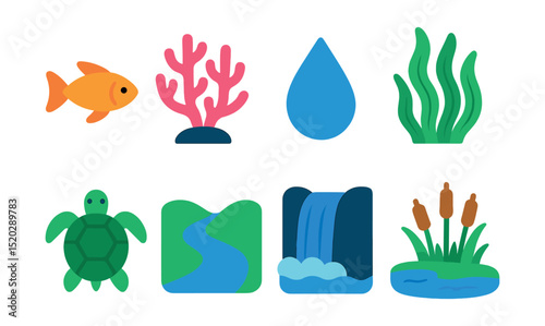 Flat vector icons of water ecosystem: fish, coral reef, water drop, aquatic plants, turtle, river, waterfall, wetlands.