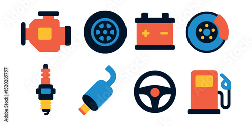 Flat vector icons of car parts: engine, tire, battery, brake disc, spark plug, exhaust pipe, steering wheel, fuel pump.