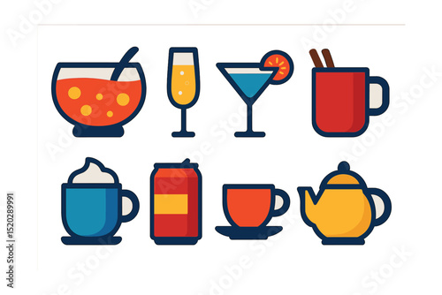 Flat vector icons of festive drinks: punch bowl, champagne flute, cocktail glass, mulled wine, hot chocolate, soda can, coffee cup, tea pot.