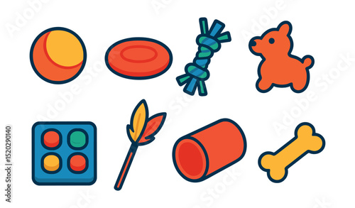Flat vector icons of pet play accessories: ball, frisbee, rope toy, squeaky toy, puzzle feeder, feather wand, tunnel, chew bone.