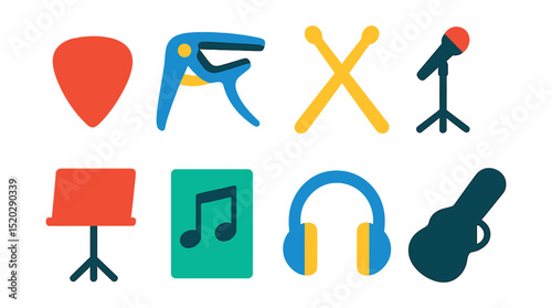 Flat vector icons of musical accessories: guitar pick, capo, drumsticks, microphone stand, music stand, sheet music, headphones, instrument case.