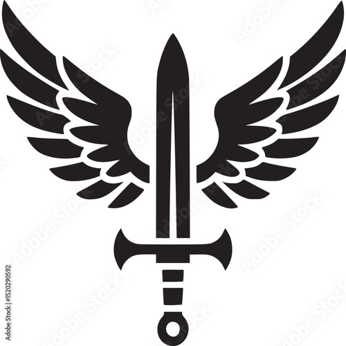 A stylized black sword with wings on either side isolated on a white background in a simple design