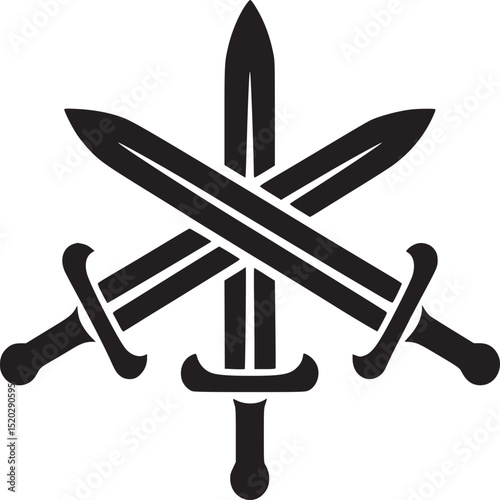 A minimalist graphic of three crossed swords in black on a white background in a simple design