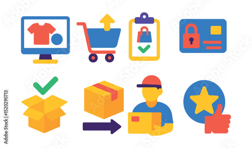 Flat vector icons of customer journey: browse products, add to cart, place order, payment, order confirmation, shipment, delivery, feedback.