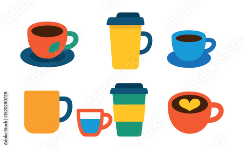 Flat vector icons of cups and mugs: coffee cup, tea cup, travel mug, espresso cup, ceramic mug, glass cup, takeaway cup, latte art.