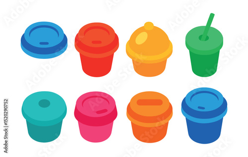 Flat vector icons of cup lids and covers: plastic lid, sip-through lid, dome lid, straw hole, silicone cover, snap-on lid, reusable lid, coffee cup lid.