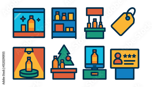 Flat vector icons of product displays: window display, shelf arrangement, promotional stand, price tag, product spotlight, seasonal decor, demo unit, customer review board.