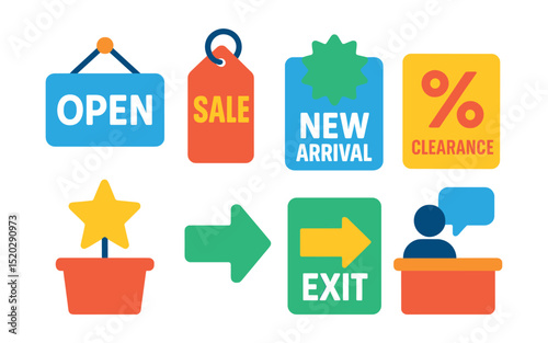 Flat vector icons of store signage: open sign, sale sign, new arrival, clearance, featured product, directional arrow, exit sign, customer service desk.