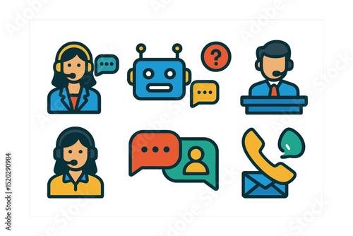 Flat vector icons of shopping assistance: virtual assistant, chatbot, help desk, FAQs, customer service, live chat, phone support, email support.