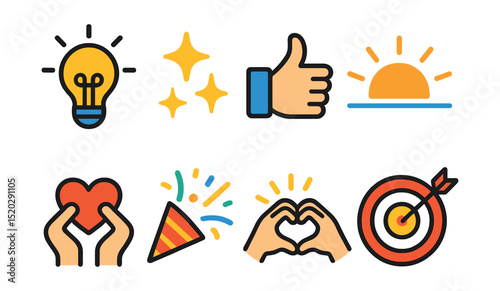 Flat vector icons of happiness and motivation: light bulb, sparkles, thumbs up, rising sun, motivational quote, heart hands, celebration, goal target.