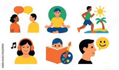 Flat vector icons of coping strategies: talking with friend, mindfulness meditation, physical exercise, taking vacation, listening to music, reading book, creative hobby, positive affirmations.