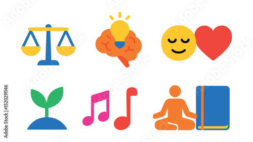 Flat vector icons of healthy mind: balanced scales, brain with light bulb, calm face, heart, nature, music note, yoga pose, journal.