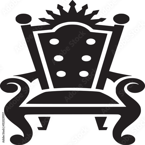 A black and white illustration of an ornate throne with a crown on top and dots on the back rest