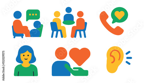 Flat vector icons of emotional support: talking therapy, support group, hotline, comforting hand, counselor, empathy, heart, listening ear.