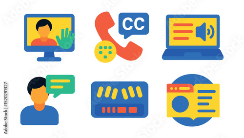 Flat vector icons of inclusive communication tools: video relay service, captioned phone, screen reader, translation app, speech-to-text, braille display, accessible website, easy read materials.