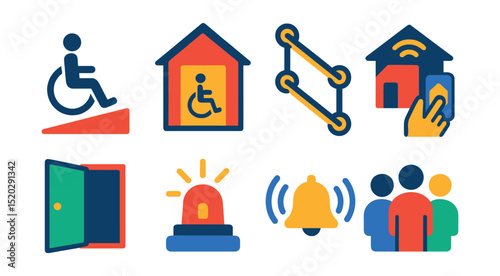 Flat vector icons of inclusive housing: wheelchair ramp, accessible entrance, grab bars, smart home tech, wide doorways, emergency alert system, visual alarms, community support.