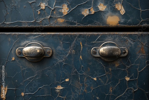 Rustic Blue Metal Drawer Close-Up. Vintage Cabinet Decor with Antique Pull Handle and Peeling Paint Texture