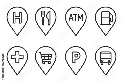 Event and location outline icons set – map, venue, and position symbols
