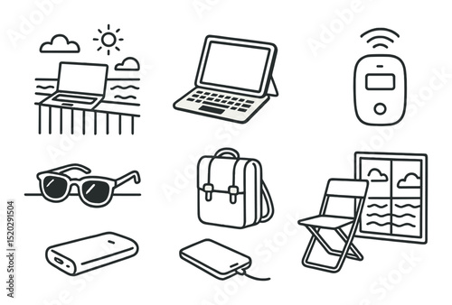 Video call essentials icons set – outline, communication and meeting symbols