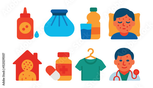 Flat vector icons of chickenpox care essentials: soothing lotion, cool compress, hydration, rest, isolation, fever medicine, clean clothes, doctor visit.