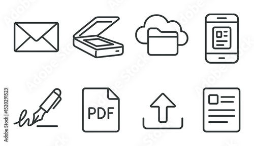 Communication and office silhouette icons set – simple, fax, document management symbols