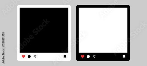 social media post mockup frame vector. social media feed web post template frame, mock up, like comment, share, and save icon symbol, notification icons, post interactions