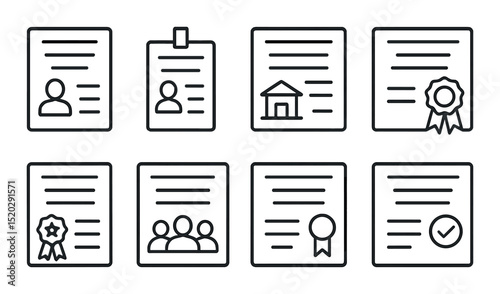 Financial certificate outline icons set – simple, economic achievement badge symbols