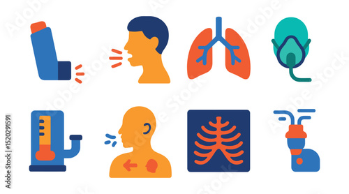 Flat vector icons of respiratory diseases: asthma inhaler, cough, lungs, oxygen mask, spirometer, breathing exercises, chest X-ray, nebulizer.