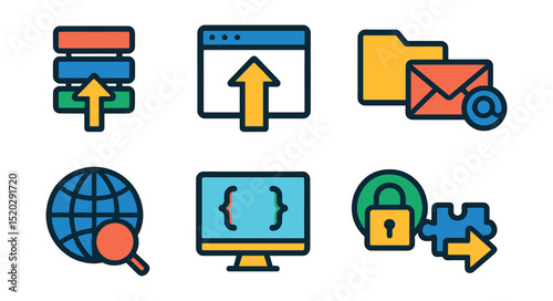 Flat vector icons of digital transmission protocols: TCP/IP stack, HTTP request, FTP transfer, SMTP email, DNS lookup, WebSocket connection, SSL encryption, API integration.