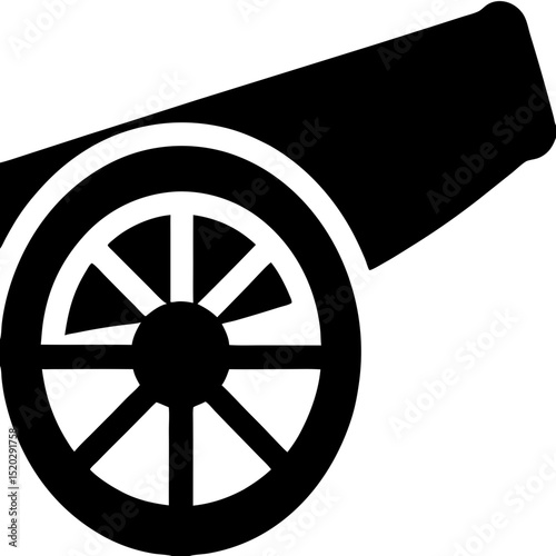 Black silhouette of a cannon with a spoked wheel on a transparent background