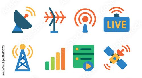 Flat vector icons of digital broadcasting: satellite dish, antenna, radio waves, live stream, broadcast tower, digital signal, media server, transmission satellite.
