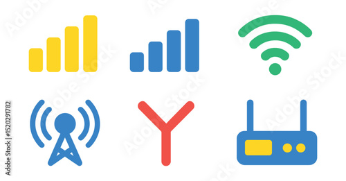 Flat vector icons of signal strength indicators: full bars, half bars, low signal, no signal, wifi icon, cellular network, antenna, signal booster.