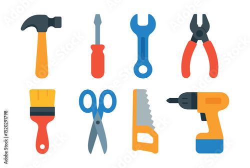 Flat vector icons of hand tools: hammer, screwdriver, wrench, pliers, paintbrush, scissors, saw, drill.
