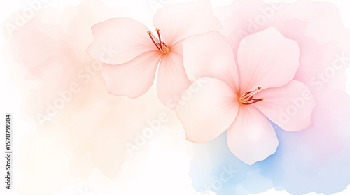 Delicate pink and white flowers on a soft blue and white watercolor background.