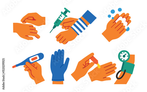 Flat vector icons of hands in healthcare: hand taking pulse, hand administering injection, hand bandaging wound, hand washing, hand holding thermometer, hand with medical glove, hand applying