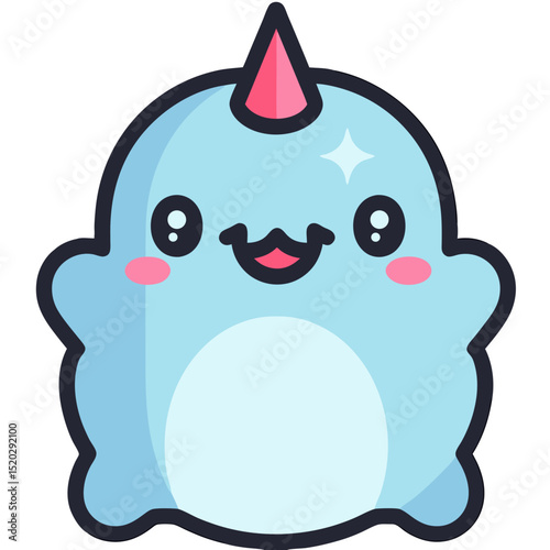 Cartoon Narwhal with Pink Horn and Cheeks Illustration