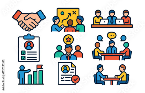 Flat vector line icons of professional collaboration: handshake, group planning, office workers, HR screening, team leader, staff meeting, career goals, resume file, workgroup communication, job