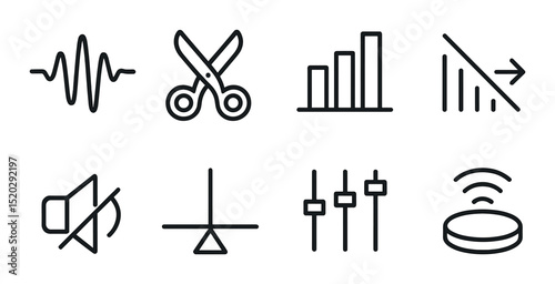 Podcast setup outline icons set – equipment, audio and recording symbols