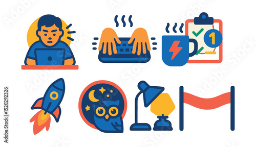 Flat vector icons of motivation and deadline hustle: focused work icon, fast typing hands, power coffee mug, checklist countdown, productivity boost icon, night owl badge, burning midnight oil,