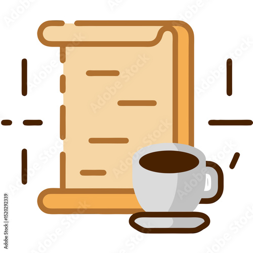 Coffee cup and scroll illustration with brown accents on transparent background