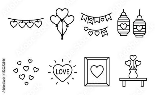 Valentine's pet icons set – outline style, love-themed animal and heart symbols
