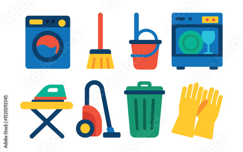 Flat vector icons of household chores: washing machine, broom, mop bucket, dishwasher, ironing board, vacuum cleaner, garbage bin, cleaning gloves.