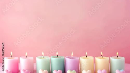 Colorful heart-adorned candles lit up against a soft pink background creating a serene and cozy atmosphere for relaxation and celebration