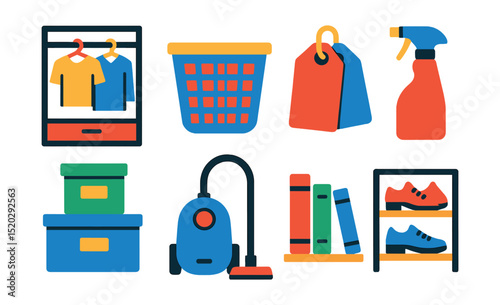 Flat vector icons of home organization: closet, laundry basket, storage boxes, label tags, cleaning spray, vacuum cleaner, bookshelf, shoe rack.