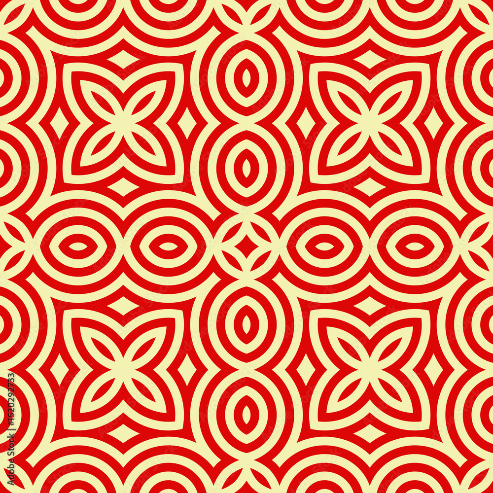 Fototapeta premium Rhombuses and circles ornament. Seamless checks, rings pattern. Diamonds, rounds backdrop. Tiles wallpaper. Ethnic motif. Geometric linear background. Digital paper. Geometrical textile print.
