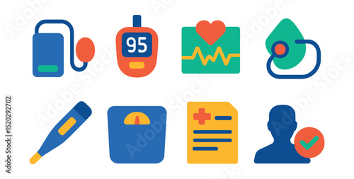 Flat vector icons of health monitoring: blood pressure cuff, glucose meter, heart rate chart, oxygen mask, thermometer, body scale, health report, medical checkup.