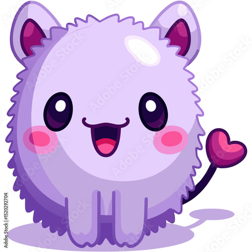 Cute Fluffy Purple Cartoon Character Waving with a Heart